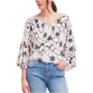 Free People Last Time Ivory Floral Drape Keyhole Bell Sleeve Top Boho Gypsy